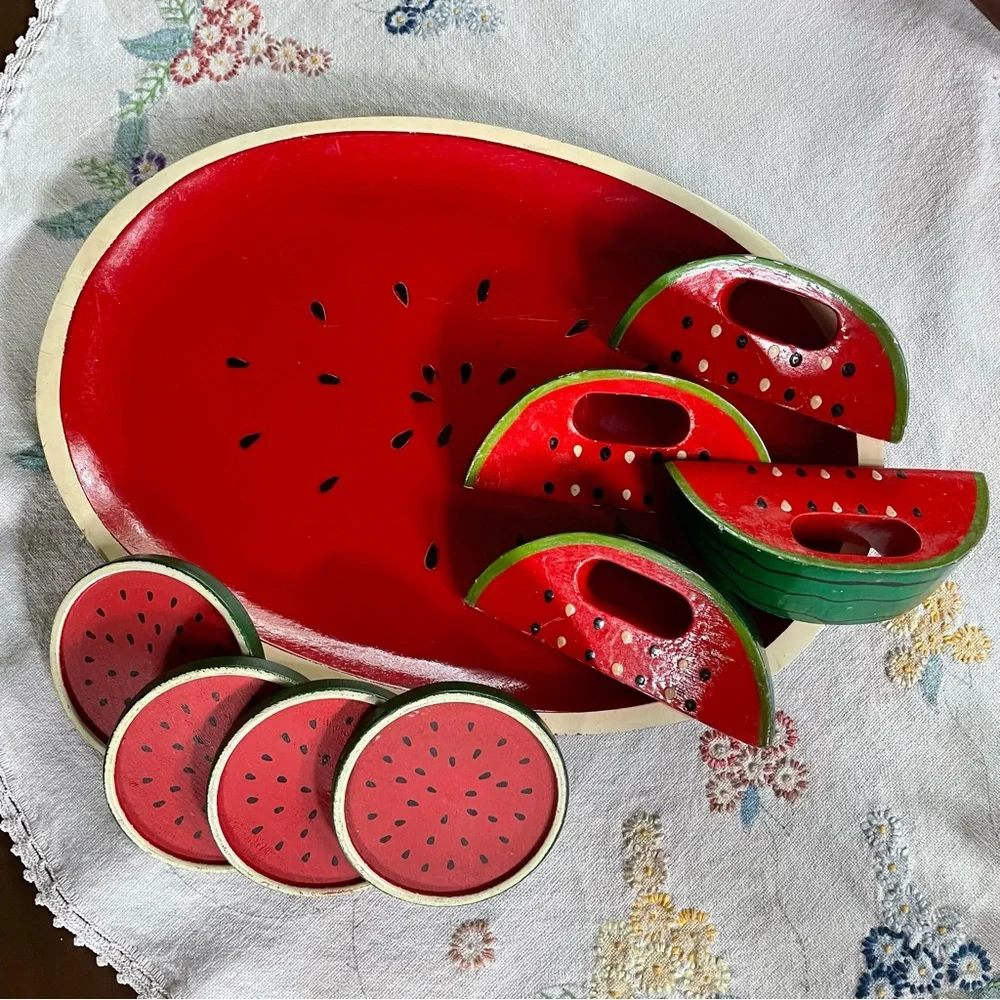 Vintage Wooden Watermelon Cocktail Tray Set. 4 Coasters & 4 Napkin Holders. 14